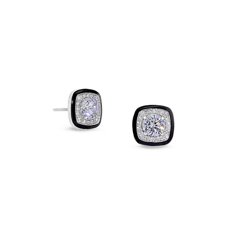 Platinum finish sterling silver micropave cushion cut earrings with thin black enamel and simulated diamonds