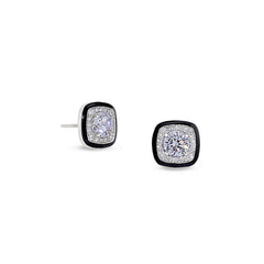 Platinum finish sterling silver micropave cushion cut earrings with thin black enamel and simulated diamonds