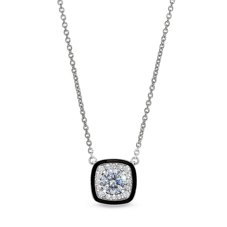 Platinum finish sterling silver necklace with thin black enamel and simulated diamonds on 16 -18 cable chain