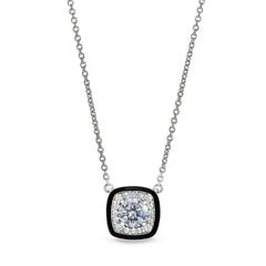 Platinum finish sterling silver necklace with thin black enamel and simulated diamonds on 16 -18 cable chain