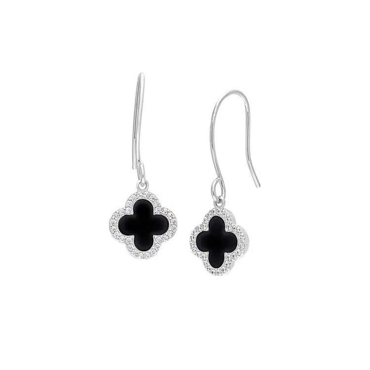 Platinum finish sterling silver micropave black enamel clover earrings with simulated diamonds