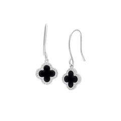 Platinum finish sterling silver micropave black enamel clover earrings with simulated diamonds