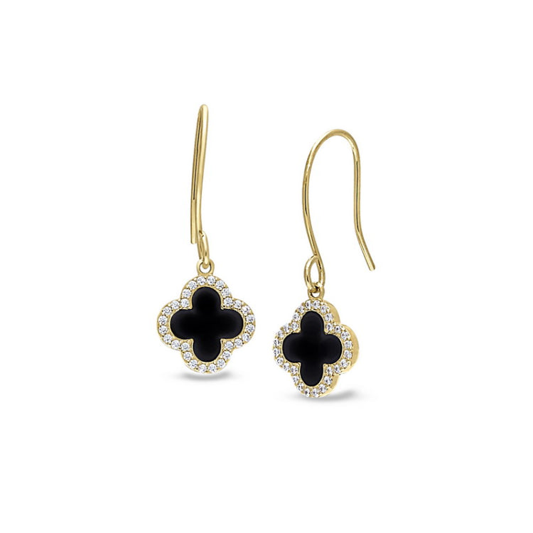 Gold finish sterling silver micropave black enamel clover earrings with simulated diamonds