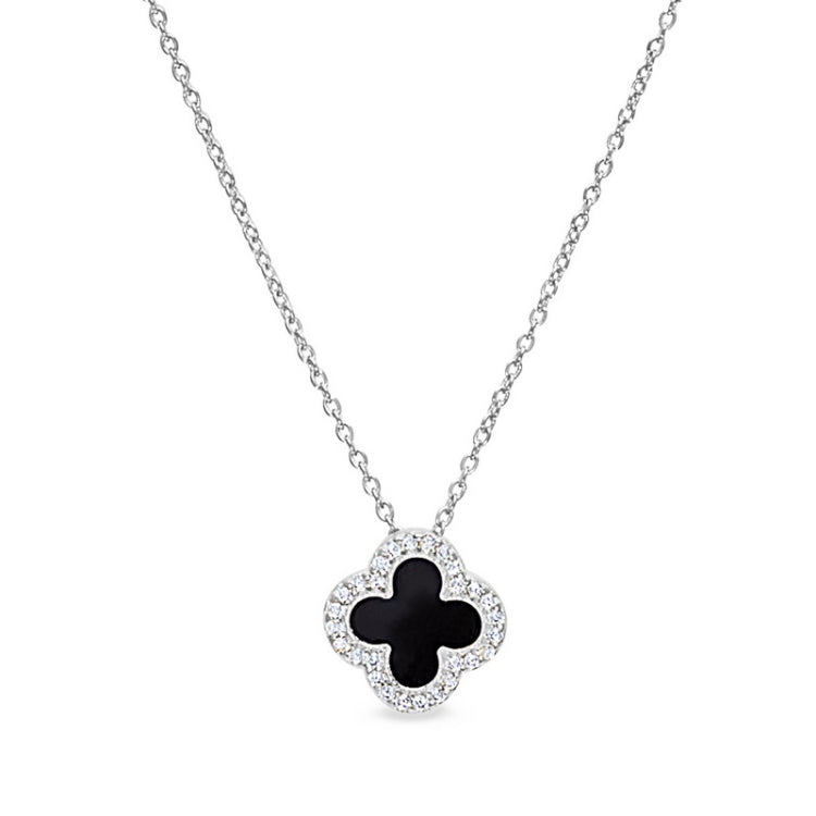 Platinum finish sterling silver micropave black enamel clover pendant with simulated diamonds on 16 -18 cable chain