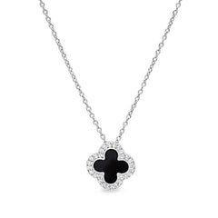 Platinum finish sterling silver micropave black enamel clover pendant with simulated diamonds on 16 -18 cable chain