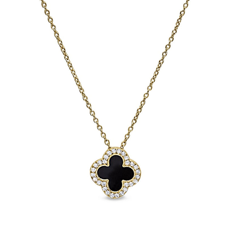 Gold vermeil sterling silver micropave black enamel clover pendant with simulated diamonds on 16 -18 cable chain