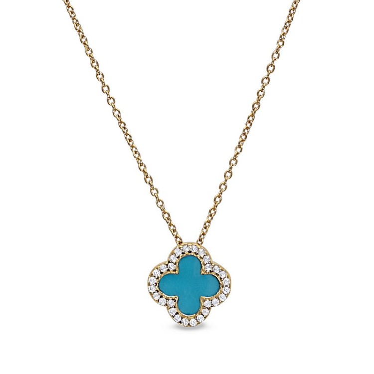 Gold vermeil sterling silver micropave turquoise enamel clover pendant with simulated diamonds on 16 -18 cable chain