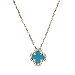 Gold vermeil sterling silver micropave turquoise enamel clover pendant with simulated diamonds on 16 -18 cable chain