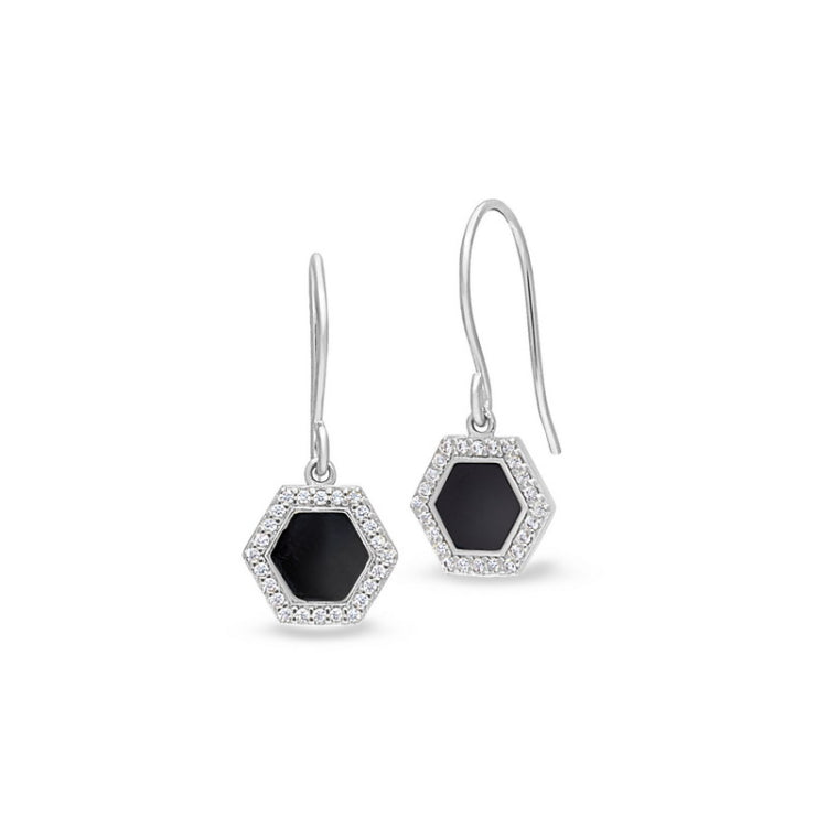 Platinum finish sterling silver micropave black enamel hexagon earrings with simulated diamonds