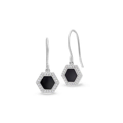 Platinum finish sterling silver micropave black enamel hexagon earrings with simulated diamonds