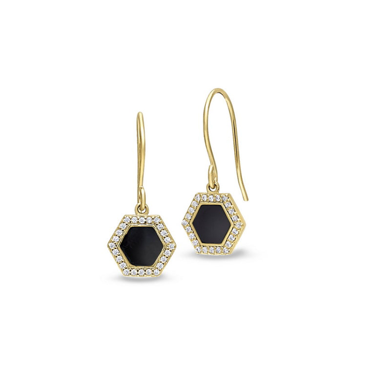Gold finish sterling silver micropave black enamel hexagon earrings with simulated diamonds