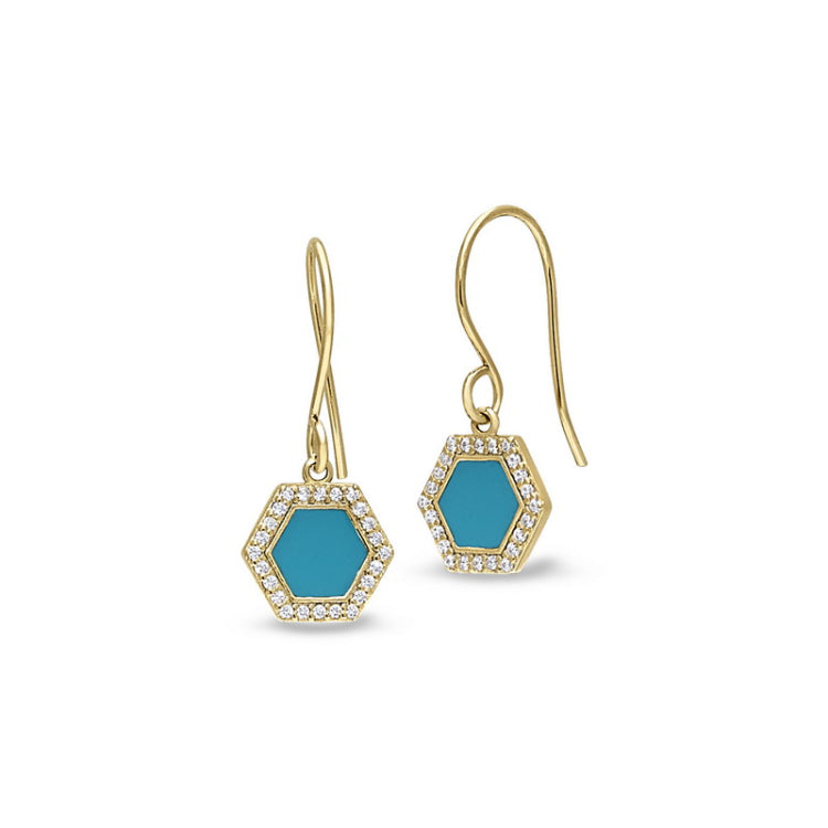 Gold finish sterling silver micropave turquoise enamel hexagon earrings with simulated diamonds