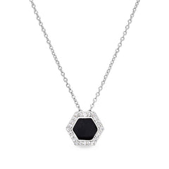 Platinum finish sterling silver micropave black enamel hexagon pendant with simulated diamonds on 16 -18 cable chain