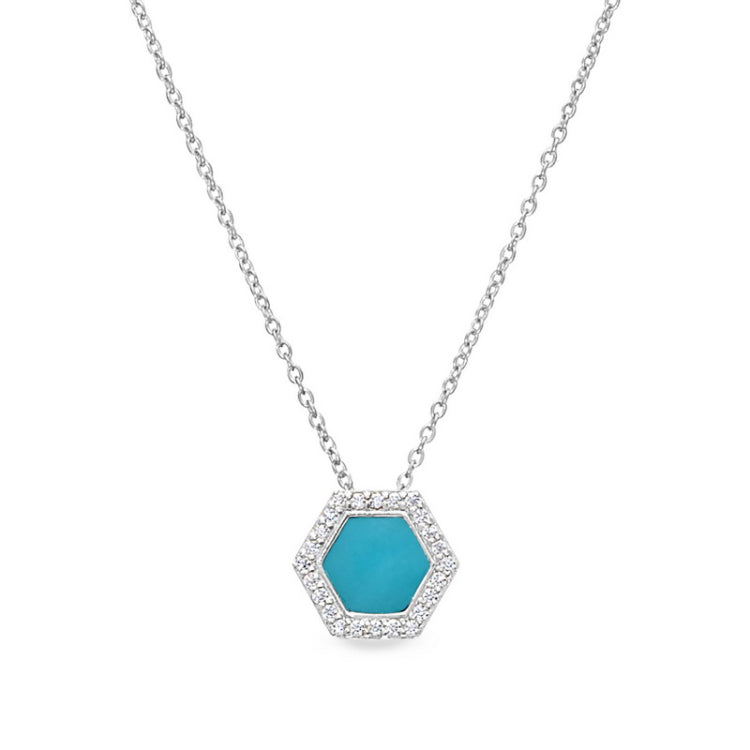 Platinum finish sterling silver micropave turquoise enamel hexagon pendant with simulated diamonds on 16 -18 cable chain