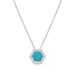 Platinum finish sterling silver micropave turquoise enamel hexagon pendant with simulated diamonds on 16 -18 cable chain