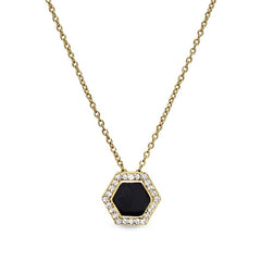Gold vermeil sterling silver micropave black enamel hexagon pendant with simulated diamonds on 16 -18 cable chain