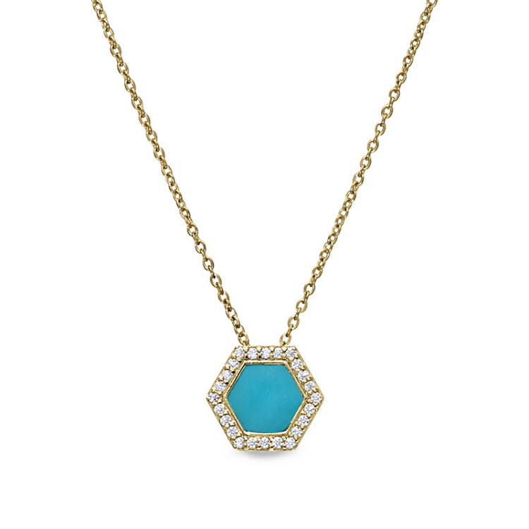 Gold vermeil sterling silver micropave turquoise enamel hexagon pendant with simulated diamonds on 16 -18 cable chain