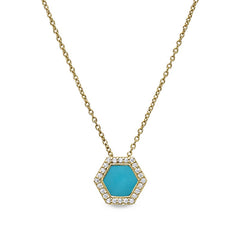 Gold vermeil sterling silver micropave turquoise enamel hexagon pendant with simulated diamonds on 16 -18 cable chain