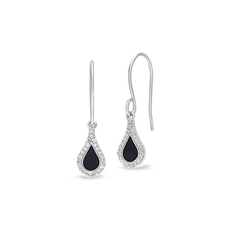 Platinum finish sterling silver micropave black enamel teardrop earrings with simulated diamonds