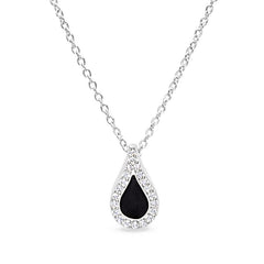 Platinum finish sterling silver micropave black enamel teardrop pendant with simulated diamonds on 16 -18 cable chain