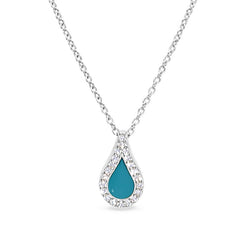 Platinum finish sterling silver micropave turquoise enamel teardrop pendant with simulated diamonds on 16 -18 cable chain