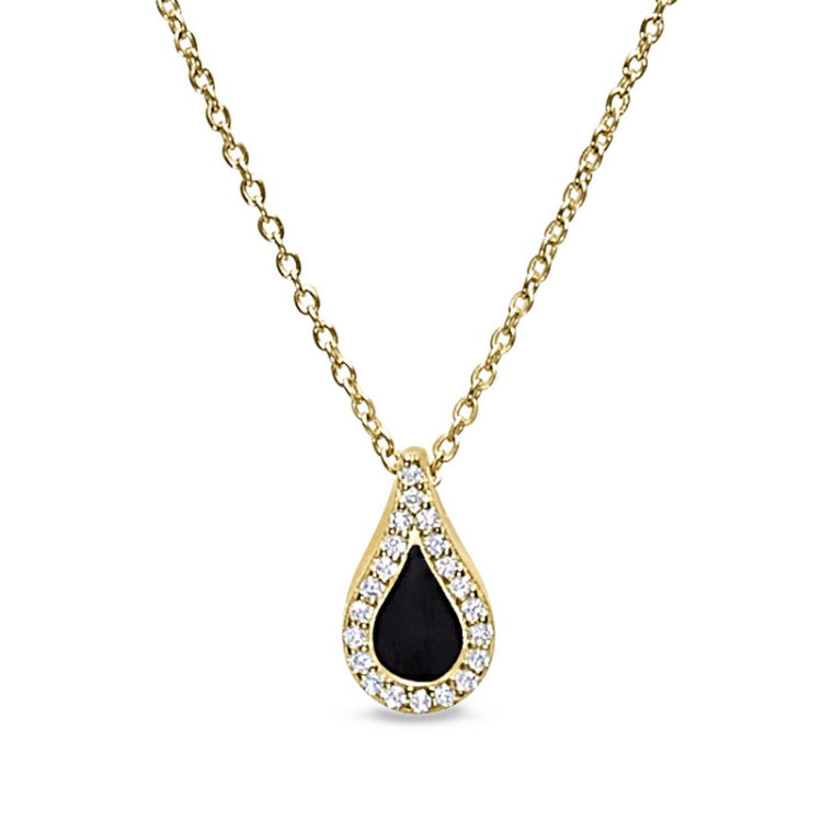 Gold vermeil sterling silver micropave black enamel teardrop pendant with simulated diamonds on 16 -18 cable chain