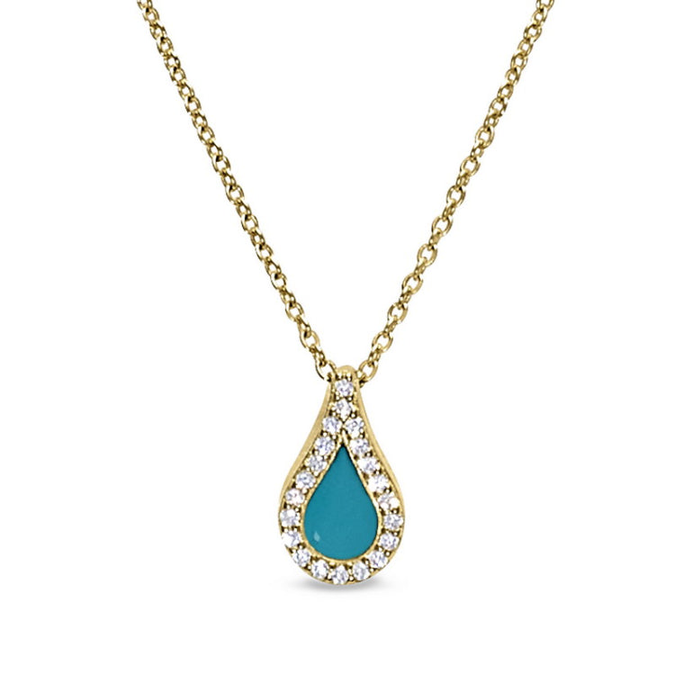 Gold vermeil sterling silver micropave turquoise enamel teardrop pendant with simulated diamonds on 16 -18 cable chain