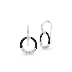 Platinum finish sterling silver micropave black enamel open circle drop earrings with simulated diamonds