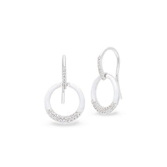 Platinum finish sterling silver micropave white enamel open circle drop earrings with simulated diamonds