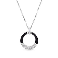 Platinum finish sterling silver micropave black enamel open circle pendant with simulated diamonds on 16 -18 cable chain
