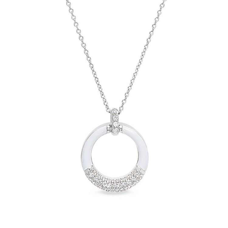 Platinum finish sterling silver micropave white enamel open circle pendant with simulated diamonds on 16 -18 cable chain
