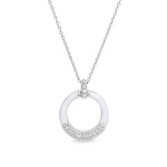 Platinum finish sterling silver micropave white enamel open circle pendant with simulated diamonds on 16 -18 cable chain