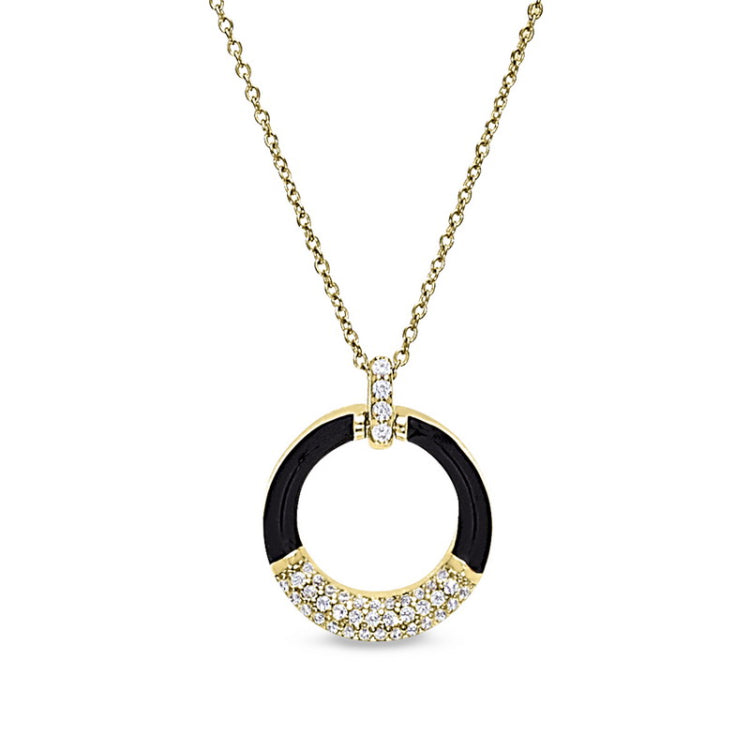 Gold vermeil sterling silver micropave black enamel open circle pendant with simulated diamonds on 16 -18 cable chain
