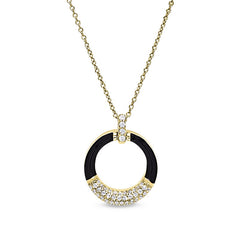 Gold vermeil sterling silver micropave black enamel open circle pendant with simulated diamonds on 16 -18 cable chain
