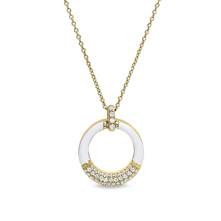 Gold vermeil sterling silver micropave white enamel open circle pendant with simulated diamonds on 16 -18 cable chain