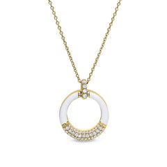Gold vermeil sterling silver micropave white enamel open circle pendant with simulated diamonds on 16 -18 cable chain
