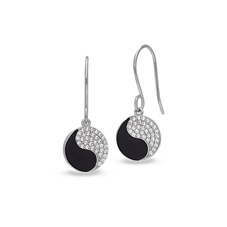Platinum finish sterling silver micropave black enamel yin yang earrings with simulated diamonds