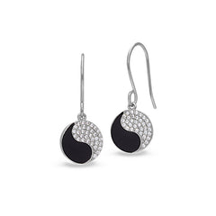 Platinum finish sterling silver micropave black enamel yin yang earrings with simulated diamonds