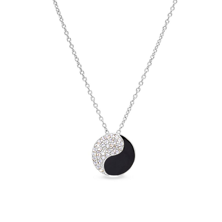 Platinum finish sterling silver micropave black enamel yin yang pendant with simulated diamonds