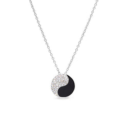 Platinum finish sterling silver micropave black enamel yin yang pendant with simulated diamonds