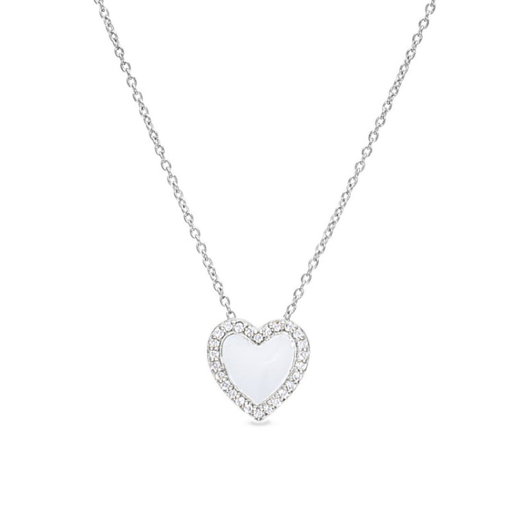 Platinum finish sterling silver micropave white enamel heart pendant with simulated diamonds on 16 -18 cable chain