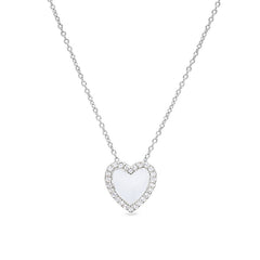 Platinum finish sterling silver micropave white enamel heart pendant with simulated diamonds on 16 -18 cable chain