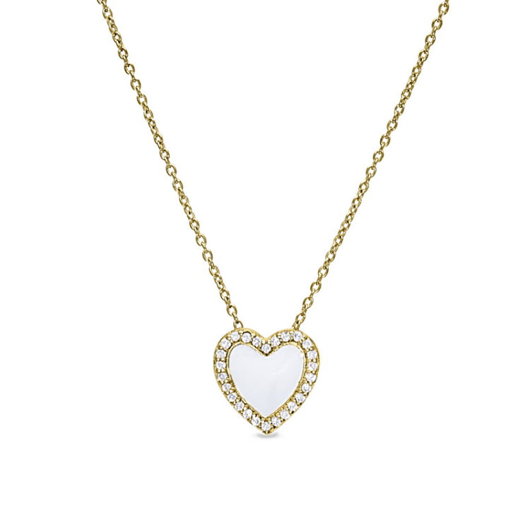 Gold vermeil sterling silver micropave white enamel heart pendant with simulated diamonds on 16 -18 cable chain