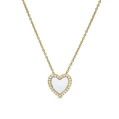 Gold vermeil sterling silver micropave white enamel heart pendant with simulated diamonds on 16 -18 cable chain