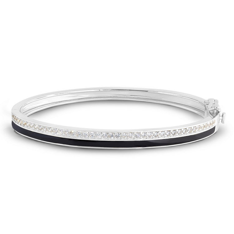 Platinum finish sterling silver micropave hinged bangle bracelet with with black enamel and simulated diamonds