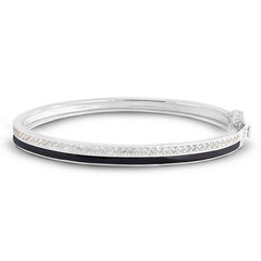 Platinum finish sterling silver micropave hinged bangle bracelet with with black enamel and simulated diamonds