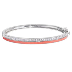Platinum finish sterling silver micropave hinged bangle bracelet with with coral enamel and simulated diamonds