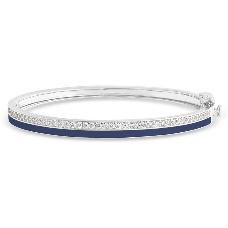 Platinum finish sterling silver micropave hinged bangle bracelet with with navy enamel and simulated diamonds