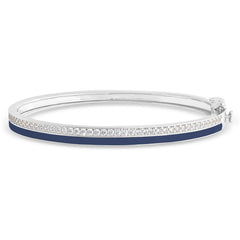 Platinum finish sterling silver micropave hinged bangle bracelet with with navy enamel and simulated diamonds