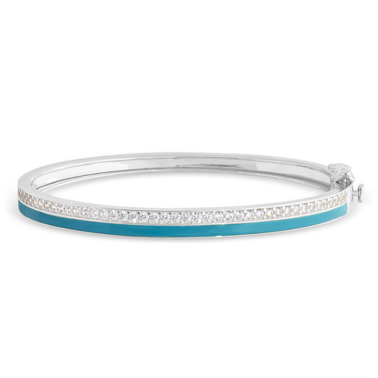 Platinum finish sterling silver micropave hinged bangle bracelet with turquoise enamel and simulated diamonds